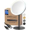 ovimar Specchio cosmetico Skorpa nero | con illuminazione | ricaricabile | indipendente | nel bagno | Specchio ingranditore 5x | Specchio per il trucco con luce | Specchio a 360 gradi