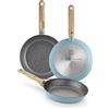 BRA Nordik | Set di padelle 18-22-26 cm di design nordico di alluminio forgiato con antiaderente, adatte a tutti i tipi di piani cottura, induzione inclusa, color turchese