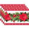 Patimate 4pcs Tovaglietta Natalizia Cartamo, Sottopiatti Natalizi Rosso in Lino con Stampa di Albero di Natale Campanelli Fiori Rossi, Decorazione Tavola Natale per Festa Natale Cene di Famiglia(45 x 30 cm)