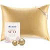 Dreamzie - Federa Cuscino in Seta 50x70 cm - 19 Momme - Oro | Certificato Oeko-Tex · 100% Seta · Cerniera · Benefici Capelli e Pelle Anti-Età · Morbida · Traspirante · Lavabile