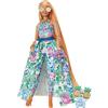 Barbie Extra Fancy, Bambola curvy con completo floreale da 2 pezzi, gattino, capelli lunghissimi e accessori, snodata, Giocattolo e regalo per Bambini 3+ Anni, HHN14