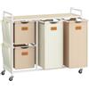 VASAGLE Cesto Portabiancheria 4 Scomparti, Porta Biancheria 150 L, Carrello per Biancheria con Piano, Sacchi, Tasche Laterali, 6 Etichette, Beige Naturale, Marrone Cammello e Bianco Crema BLH203N01