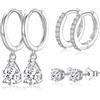 LYTOPTOP Orecchini a cerchio in argento da donna, 3 paia di orecchini a cerchio e orecchini pendenti in argento Sterling 925, con zirconia cubica, Argento sterling Ottone, Zirconia cubica