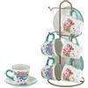Baroni Home Set di Tazzine da Caffè in Ceramica con Stand in Metallo e Piattini, 6 Tazzine con Manico, Accessori da Cucina Colorato Resistente, Linea Stylish, 15,13,28,5 cm