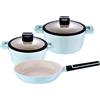 San Ignacio Cosy-Batteria da Cucina 5 Pezzi in Alluminio pressofuso, pentole con Coperchio da 20 Padella Antiaderente da 24 cm, impugnature ergonomiche, Blu Pastello