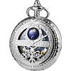 TREEWETO Orologi da tasca meccanici da uomo con numeri romani quadrante sole e luna scheletro con scatola e catene per uomo donna nero bronzo oro argento, Argento