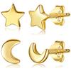 CHIC & ARTSY 2 paia di orecchini a bottone a forma di stella luna in argento sterling 925 placcati in oro, set di orecchini a forma di mezzaluna per cartilagine da donna