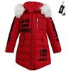 SXSHUN Bambina Cappotto Imbottito Invernlae con Cappuccio di Pelliccia Giacca Calda in Cotone con Stampa di Lettere, Rosso, 9-10 Anni