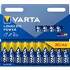 VARTA Pile AA, confezione da 20, Longlife Power, Alcaline, 1,5V, ideale per giocattoli, mouse wireless, torce elettriche, imballaggio riciclato al 90%, Made in Germany