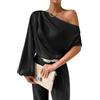 Zunlethian Camicia a Pieghe con Maniche a Lanterna con Colletto Asimmetrico da Donna Moda Business Ufficio Elegante Top in Raso Senza Spalline Vacanza Vacanza Camicia Casual (Nero,L)