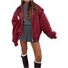 Generic Giacche da donna in pelle oversize, bomber vintage con cerniera patchwork, cappotti da moto casual finti, Rosso, L