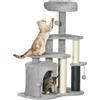 PawHut Albero per Gatti con Casetta, Lettino e Palline, in Truciolato, Sisal e Peluche, 60x39x87 cm, Grigio Chiaro e Crema