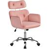 Yaheetech Poltrona da Salotto in Velluto con Poggiatesta Regolabile Design Moderno, Poltroncina Imbottita Girevole con Ruote per Studio, Camera da Letto,Soggiorno Rosa