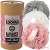 Temple Spring Pouf da doccia riciclato, Eco Riciclato, Spazzola per il corpo, Spugna a rete, Esfoliante Scrunchie, articoli da toeletta, palline di schiuma (Rosa corallo)