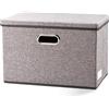 Prandom Grande contenitore pieghevole con coperchio [1-pack] Cestino decorativo in tessuto di lino con manici Grigio(43 x 30 x 30 cm)