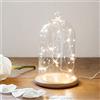 Lights4fun Campana di Vetro Alta 19cm con Base in Bambù e Micro LED a Luce Bianca Calda