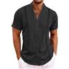 generic Camicia estiva da uomo, in cotone/lino, a maniche corte, casual, abbigliamento estivo leggero da spiaggia, con colletto alto, per sport all'aria aperta, traspirante, da allenamento, Nero , XL