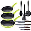 SAN IGNACIO Set 3pc padella (20+24+28cm) alluminio pressato verde con set 3pcs utensili da cucina con set 4pc coltelli in acciaio inox