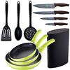 SAN IGNACIO Set 3 padelle (20+24+28 cm) in alluminio pressato verde con set di 3 utensili da cucina con set di 4 coltelli in acciaio inox con Tacoma/blocco di c