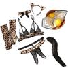 generic Completino Intimo Lingerie Donna Reggiseno Mutande Aperto Set Body Pizzo Leopardato Cosplay Pigiama Set 5 Pezzi