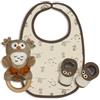 Interbaby - Set regalo neonato modello gufo - da 0 a 6 mesi circa - Set 3 pezzi composto da sonaglio, bavaglino e peucos