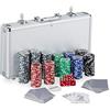 Relaxdays Valigetta Poker, 300 Chips Laser, 2 Mazzi di Carte, 5 Dadi, Dealer, Richiudibile & Portatile,Alluminio,Argento