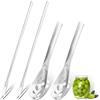 LELE LIFE 4 cucchiai per olive e forchetta per sottaceti, in acciaio inox SUS304, piccoli cucchiai scanalati con foro di scarico, forchetta lunga per sottaceti, cipolle, cetrioli, olive, argento