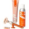 Fler Smooth Skin Set - Rasoio Donna con Supporto e 2 Lamette di Ricambio, Rasoi Unisex, Set con Mousse per la Depilazione e Crema Corpo Lenitiva, Lametta con Aloe Vera, Arancio Sicily