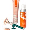 Fler Smooth Skin Set - Rasoio Donna con Supporto e 2 Lamette di Ricambio, Rasoi Unisex, Set con Mousse per la Depilazione e Crema Corpo Lenitiva, Lametta con Aloe Vera, Verde Pine