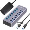 Tccmebius USB 3.0 Hub Alimentato, USB 3.0 / USB C a 7 Porte in Alluminio Trasmissione Dati 5Gbps, con Interruttore Indipendente LED, Adattatore di Alimentazione 12V/3A, 2-in-1 Cavo Dati(TCC-T307U)