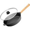 4BIG.fun Ø28cm, padella in ghisa, altezza 70mm, manico in legno rimovibile, coperchio in vetro, tegame tondo, adatta per barbecue a gas, forno, focolare a induzione e tutti i piani cottura
