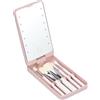 VALINK Specchio da viaggio ricaricabile USB con luci e set di pennelli per il trucco, set di pennelli da trucco a LED da viaggio per donne rosa