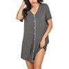 Ekouaer Camicia da Notte Donna Scollo a V con Bottoni Pigiama Allentato Estate Morbido Abbigliamento da Casa Grigio Scuro S