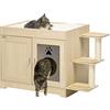 PawHut Mobile per Lettiera a 2 Ante con Spazio Portaoggetti e Pali Tiragraffi, Casetta per Gatti in Legno con Cuscino in Peluche, 107x54x70 cm, Rovere