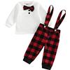 Siyova 2 Pezzi Completo Neonato di Natale Gentiluomo Camicia Manica Lunga con Fiocco+Pantaloni con Bretelle a Quadri Tuta Elegante Bambini 3-18 Mesi (Rosso, 6-9 Months)