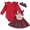 Carolilly Completo Neonata Natale 3 Pezzi Tutina Manica Lunga Rossa +Gonna con Bretelle a Quadri con Ricamo di Cervo+Fascia Abito Natalizio Bambina 0-18 Mesi (Rosso, 6-9 Months)