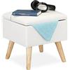 Relaxdays Sgabello con Contenitore, Rivestimento in Lino Sintetico, Gambe in Legno e Coperchio, HLP: 40x40x40 cm, Bianco