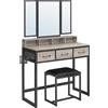 VASAGLE Tavolo da toilette con specchio pieghevole in 3 pezzi, supporto per asciugacapelli, tavolo cosmetico con sgabello imbottito, 3 cassetti, design industriale, Greige e nero RVT004B02