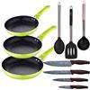 San Ignacio Set 3pc padella (20+24+28cm) alluminio pressato verde con set 3pc utensili da cucina nylon con set 4pc coltelli in acciaio inox