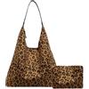 Skyearman Borsa a spalla da donna in pelle scamosciata morbida Tote Bag retrò grande capacità borsa a mano Hobo borsa a tracolla donna con cerniera 2 pezzi, Stampa leopardo marrone