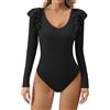 Missufe Body da donna elegante a maniche lunghe con scollo a V a costine
