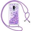 Vauki Cover per Samsung Galaxy S9 Plus con Cordino, Trasparente Glitter Liquido Antiurto Brillantini Tracolla Custodia, Silicone Bumper Laccio Sabbie Donna Protettivo Case per Samsung S9+, Viola