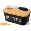 Wexoma Burriera in Ceramica, Portaburro con Coperchio in Legno e Coltello da Burro, Porta Burro da Frigorifero 250 g, Grande Vassoio per Burro, per Cucine Domestiche, Ristoranti (Nero)