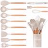 Wildone Set di 12 utensili da cucina, in silicone, con manico in legno, antiaderente, con supporto per utensili, spatola in silicone, lavabile in lavastoviglie (cachi)