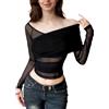 EMOTTOS Crop Top a Rete Avvolgente da Donna, Maglie Velati da Donna Y2K Slim Fit con Scollo a V, Camicia Aderente alla Pelle per Feste di Club Sexy Design in Pizzo Trasparente per Donna, Nero, L