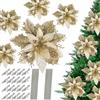 SULOLI 12 Pezzi Fiori per Albero Natale,Fiore Finti con Clip,Fiori Artificiali con Glitter Polvere per Decorazioni Natalizi,Ghirlanda (Oro)