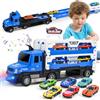 MOONTOY Camion Giocattolo per Bambini, 140cm Pista da Trasporto Pieghevole Auto Eiettabile e 6 Auto da Corsa in Metallo, Camion Porta Macchinine con Luci e Suoni, Regali per Bambini di 3 4 5 6+ Anni