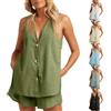 Generic Completo Lino Donna Eleganti Taglie Forti Camicia Senza Maniche 2 Pezzi Tuta Lino e Cotone Set Gilet con Bottoni Pantaloncini Estivi Casual Spiaggia Vacanza Completi di Pantaloncini da Cerimonia