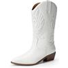 DREAM PAIRS Stivali da Cowboy Donna Stivali a metà Polpaccio da Donna Stivali da Cowgirl con Tacco Grosso Ricamati,Size 43,Bianco-Pu,DWUMMB2419