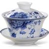 fanquare Gaiwan Blu e Bianco Ciotola da Tè Tradizionale Cinese Sancai in Porcellana per Peonia Floreale con Coperchio Set di Coperchi per Tazze da Tè e Piattini Vintage 220ML